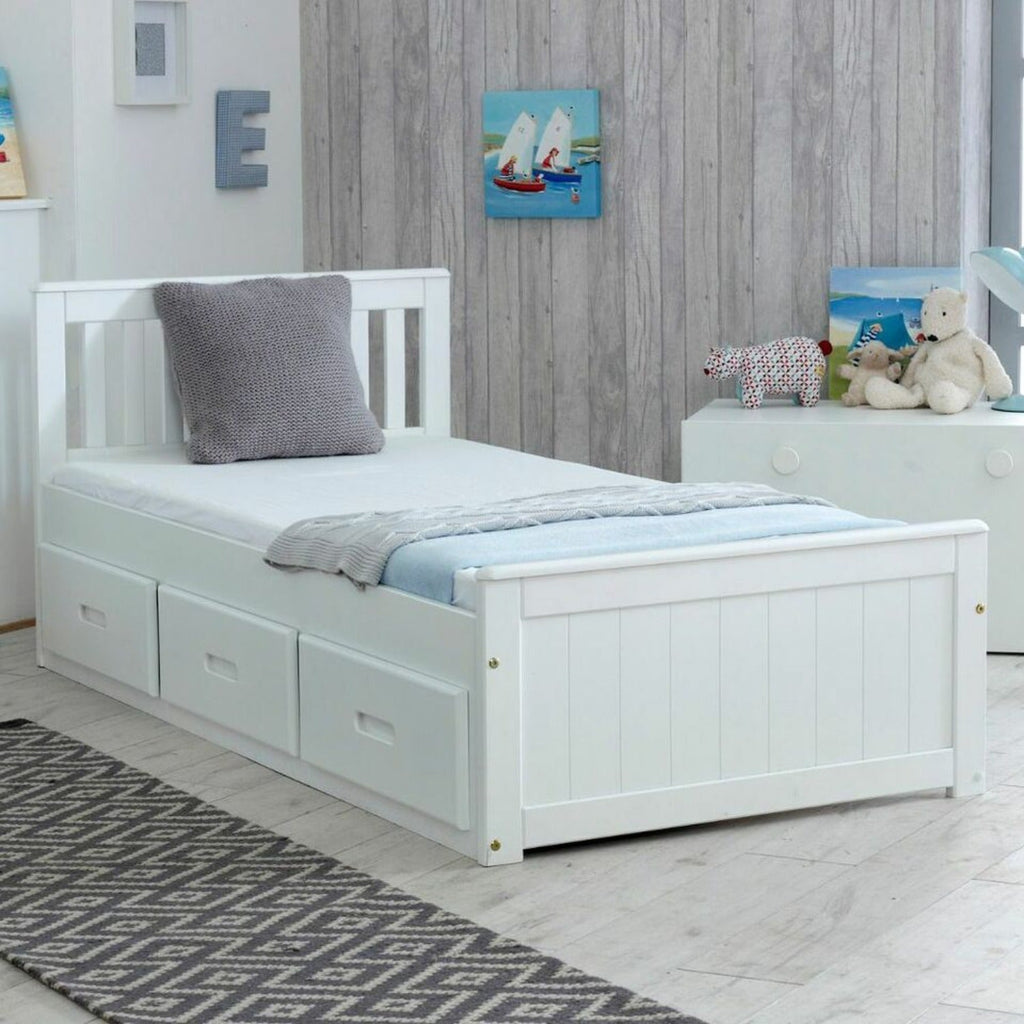 Mission Wooden Storage Bed - White, 3' single mission bed at an angle, in a grey bedroom- Beds4Us