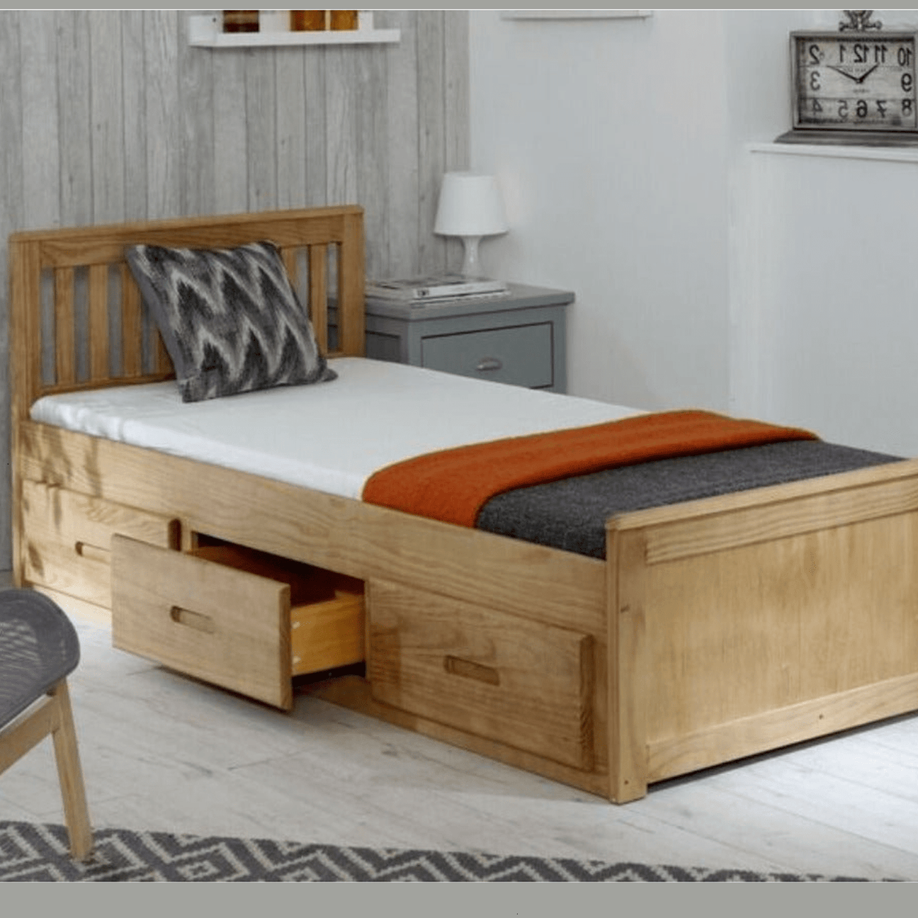 Mission Wooden Storage Bed - Bed with middle drawer open in a grey bedroom - Beds4Us