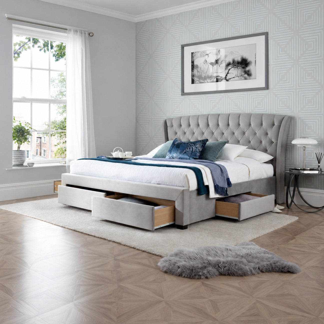 Newton Grey storage bed with front and side drawers open