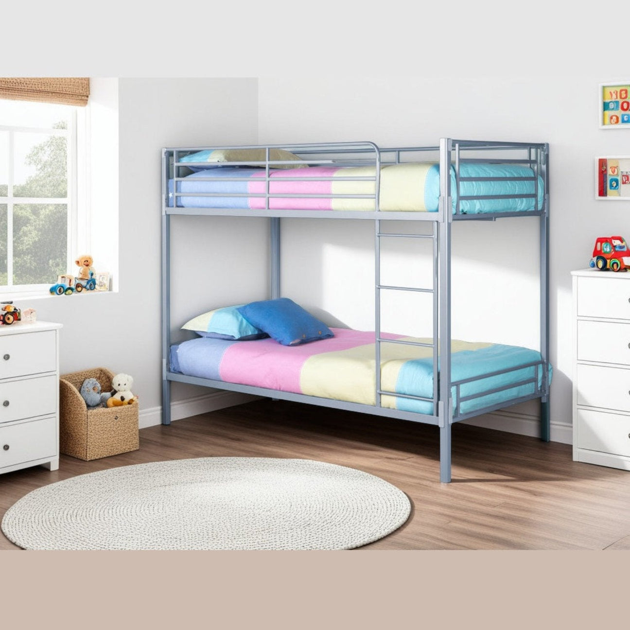 No Bolt Metal Bunk Bed - Silver metal bunk bed in a neutral modern room surrounded by toys- Beds4Us