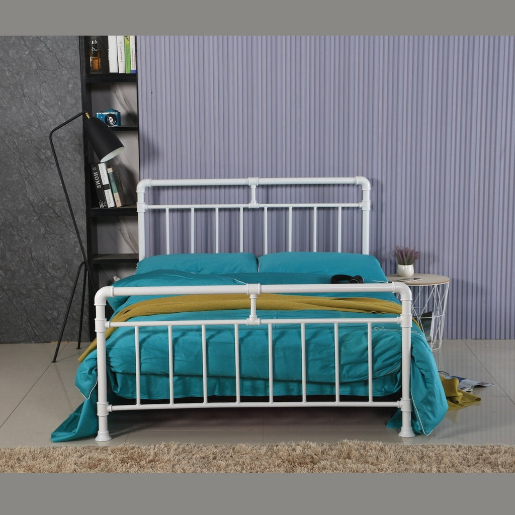 Pippa Metal Bed - Double white metal bed frame with  rustic features, positioned straight on, in a neutral modern themed bedroom - Beds4Us