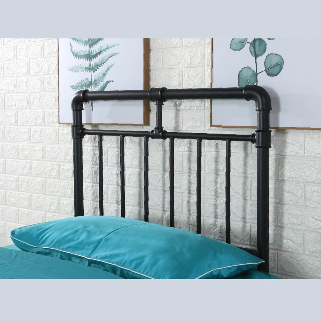 Pippa Metal Bed - Single black metal bed frame with  rustic features, positioned at an angle, close up of headboard, in a neutral modern themed bedroom - Beds4Us