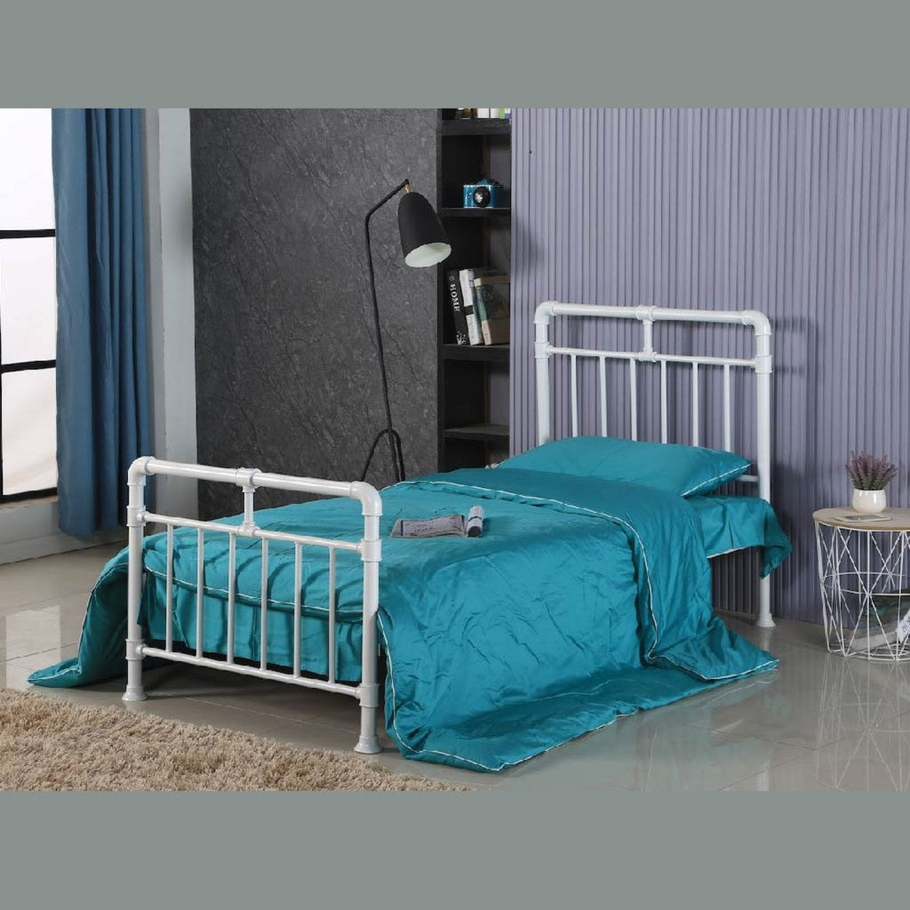 Pippa Metal Bed - Single White metal bed frame with  rustic features, positioned at an angle, in a dark modern themed bedroom - Beds4Us