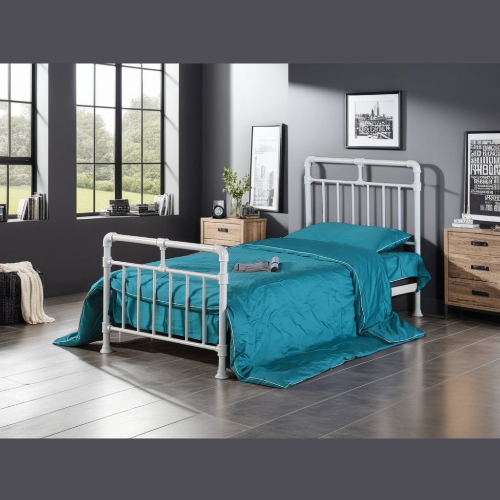 Pippa Metal Bed - Singlewhite metal bed frame with  rustic features, positioned at an angle, in a dark modern themed bedroom - Beds4Us