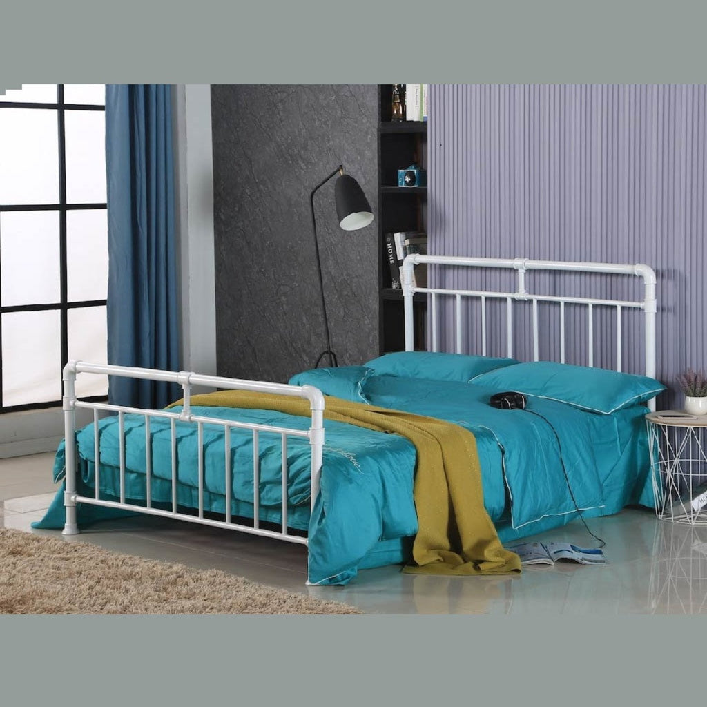 Pippa Metal Bed - Double white metal bed frame with  rustic features, positioned at an angle, in a neutral modern themed bedroom - Beds4Us