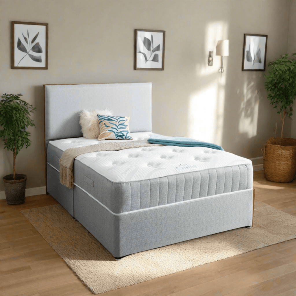 Shakespeare Beds Lily 1000 Mattress - mattress on divan base with headboard in a room setting - Beds4Us