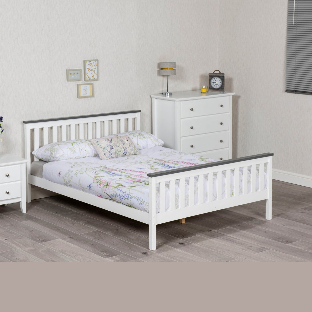 Shanghai Wooden Bed Frame - White bed frame with grey trims, positioned at an angle in a modern grey bedroom - Beds4us