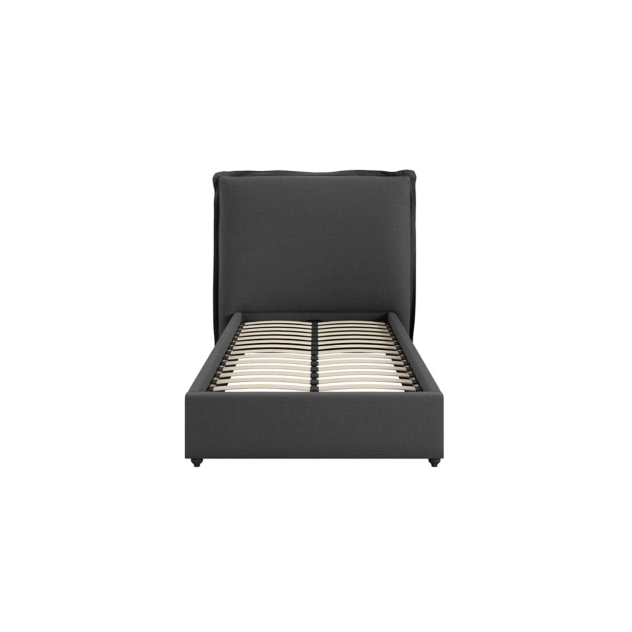 Sunday Upholstered Pillow Headboard Bed Frame - Single dark grey upholstered bed frame on a white background