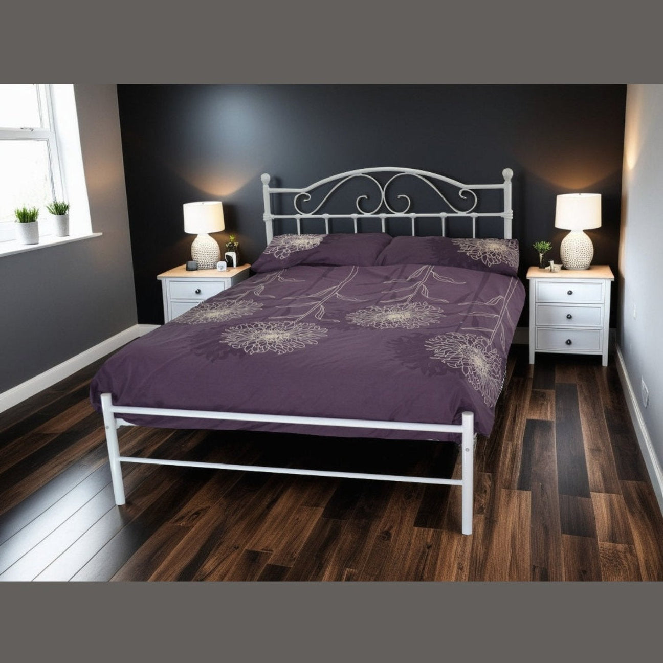 Sussex Metal Mesh Base Bed - White metal bed frame with traditional features, positioned at an angle, in a dark modern themed bedroom - Beds4Us