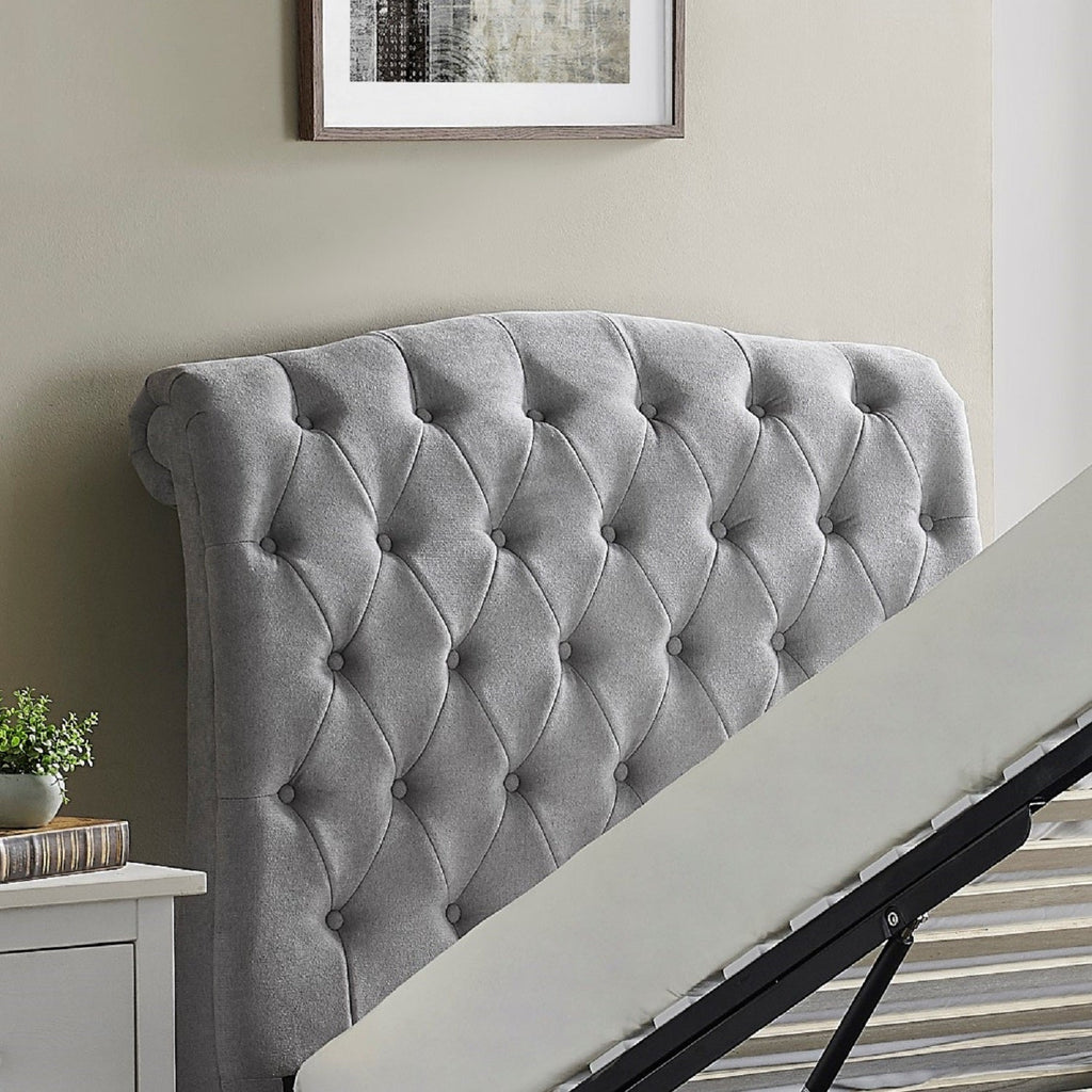 Victoria Plush Chesterfield Ottoman Bed - close up of headboard in light grey - Beds4Us