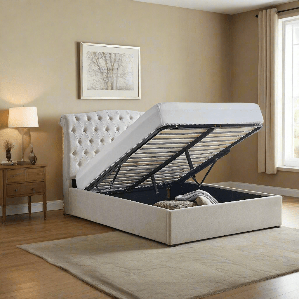 Victoria Plush Chesterfield Ottoman Bed - Natural ottoman in a beige room setting - Beds4Us