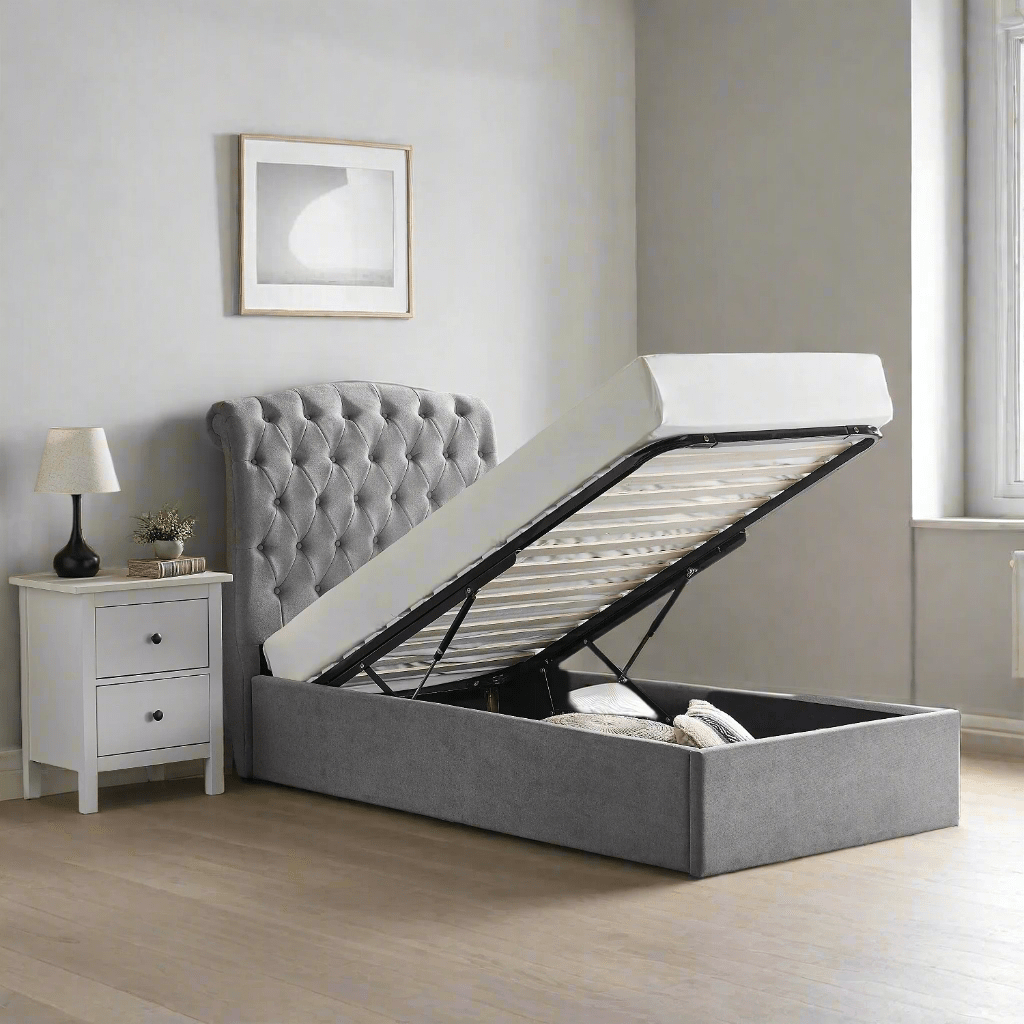 Victoria Plush Chesterfield Ottoman Bed - Light grey ottoman in a grey room setting - Beds4Us