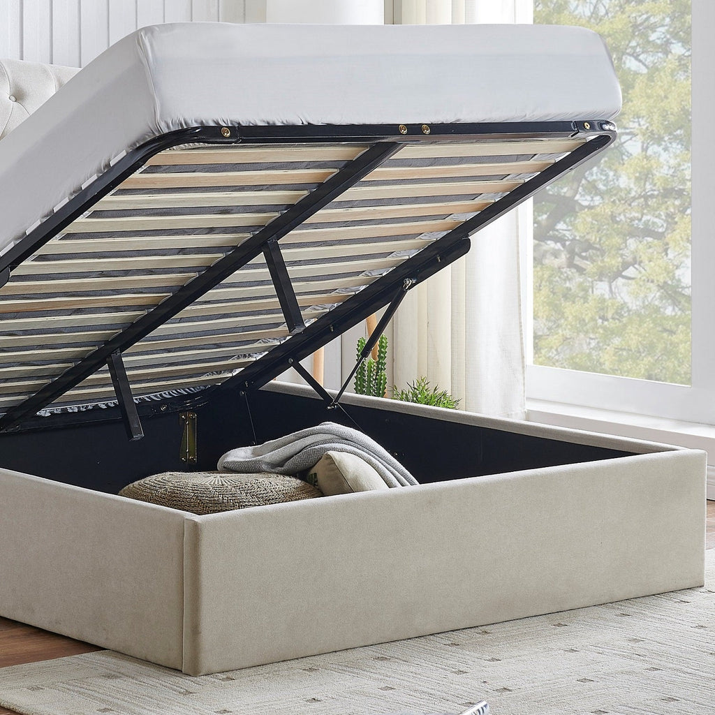 Victoria Plush Chesterfield Ottoman Bed - close up of storage space under bed - Beds4Us