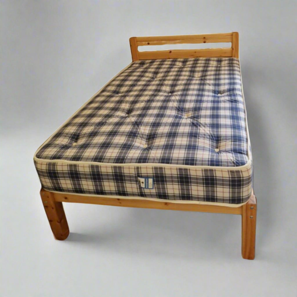 Wentworth Blue & White Check Mattress & JJ Ranch 4 Rail Bed Frame set deal - Beds4Us