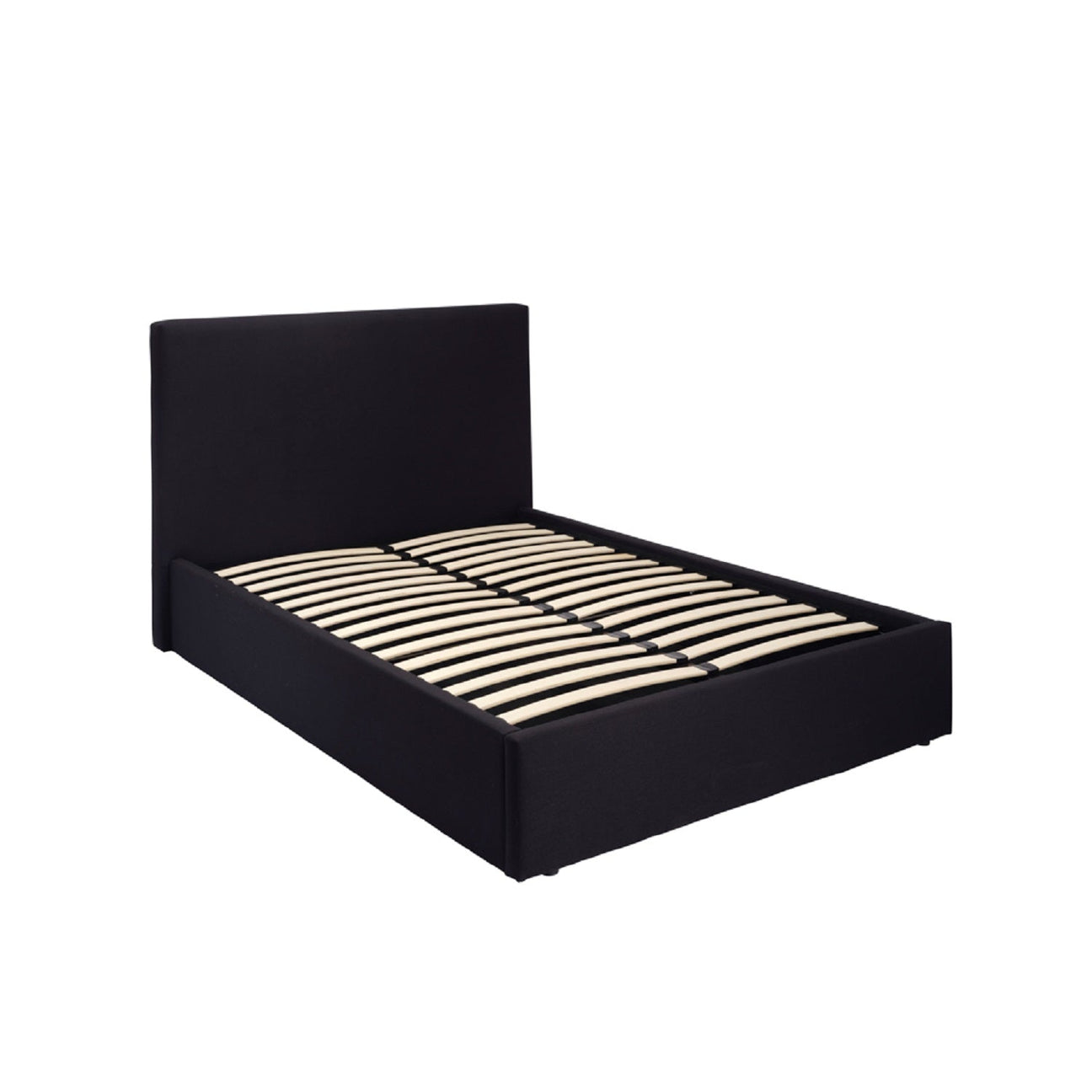 Wilder Fabric Ottoman Bed with Plain Square Headboard - Black bed frame with wooden slats on a white background