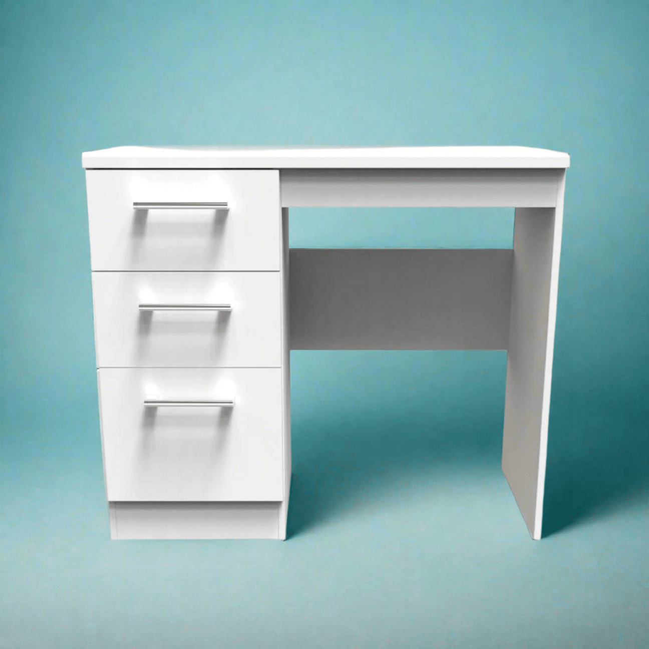 Wood Effect 3 Drawer Desk Dressing Table - White desk on a blue-green background - Beds4Us