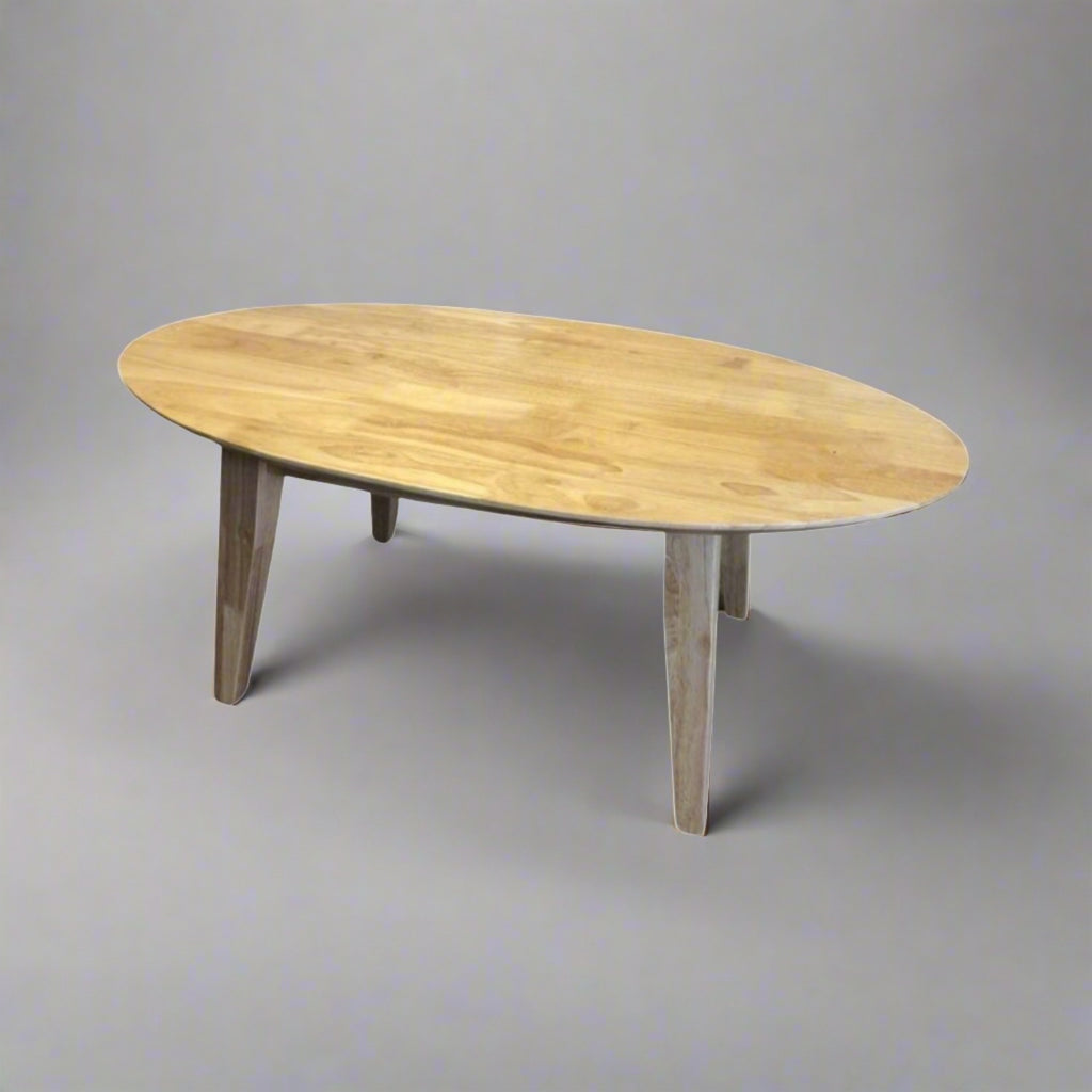 Wooden Oval Coffee Table - Solid wooden pine coffee table on a grey background- Beds4Us