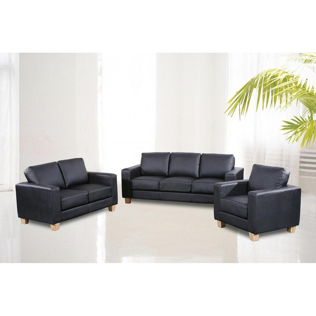 Box Faux Leather 2 Seater - Black faux leather armchair, 2 seater and 3 seater all together in a large bright room - Beds4Us