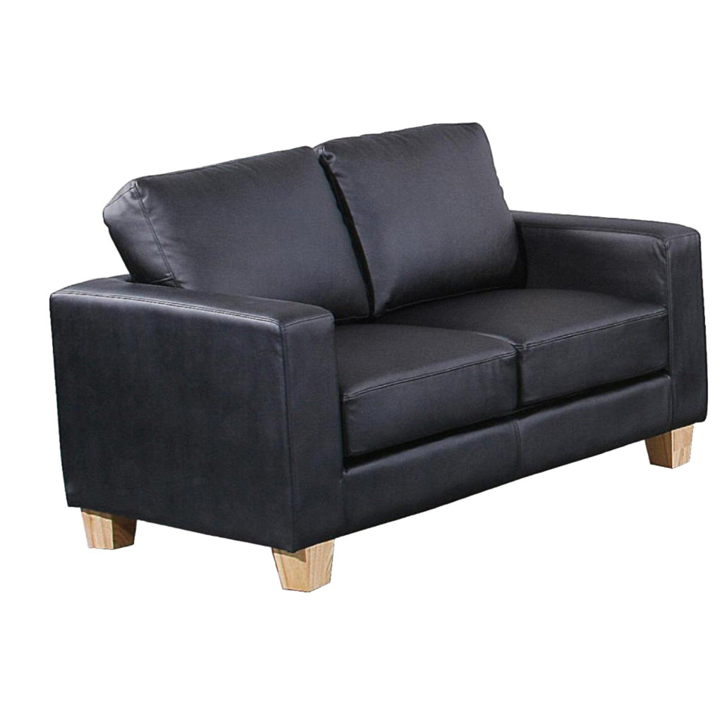Box Faux Leather 2 Seater Sofa - Black faux leather sofa 2 seater, square in shape, on a white background- Beds4Us