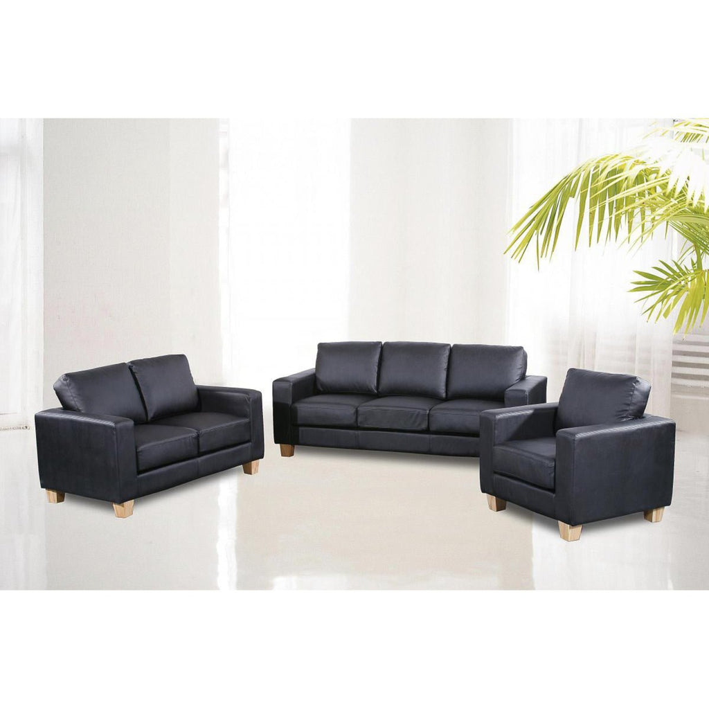 Box Faux Leather Armchair - Black faux leather armchair, 2 seater and 3 seater all together in a large bright room - Beds4Us