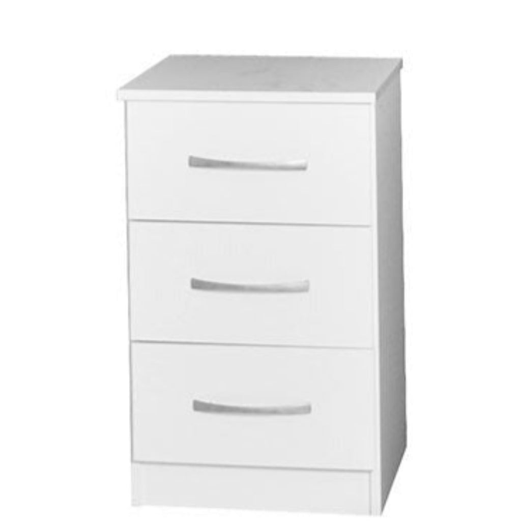 JJ 3 Drawer bedside - White bedside chest with 3 drawers and silver handles, on a white background- Beds4Us