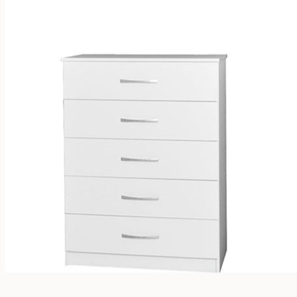 JJ 5 Drawer chest - White chest of drawers with 5 drawers and silver handles, enlarged on a white background - Beds4Us