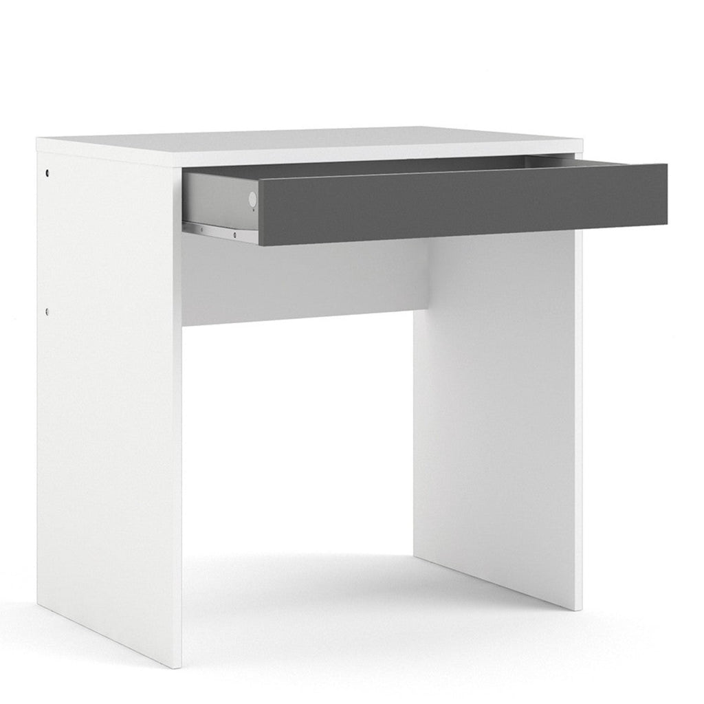 Compact Desk Table - White Desk with grey drawer, enlarged on a white background - Beds4Us