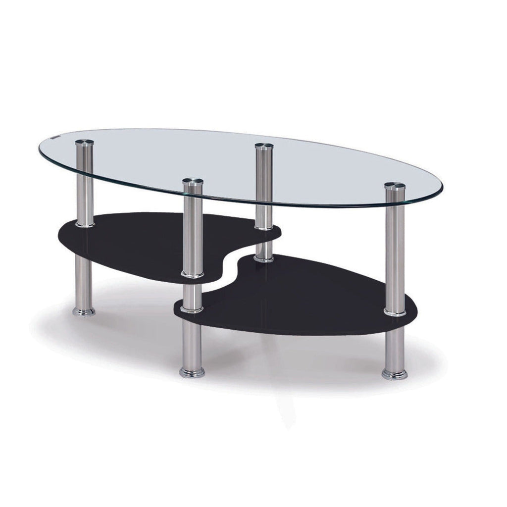 Oval Glass Coffee Table - Clear glass coffe table with split level black glass shelves and chrome legs, on a white background - Beds4Us